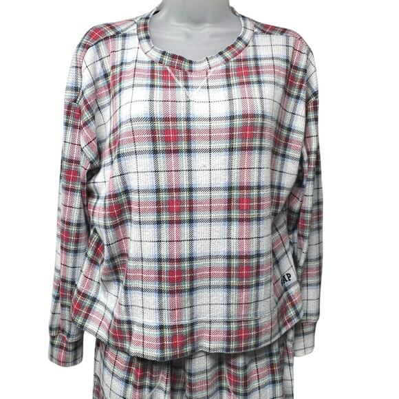 Gap Body 2 Piece Lounge Pajama Top Jogger Bottom Set Red Blue Plaid Size Medium - Picture 2 of 7
